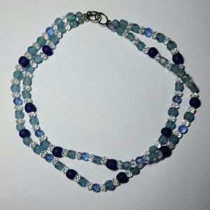 Double-strand blue glass, crystal & silver necklace